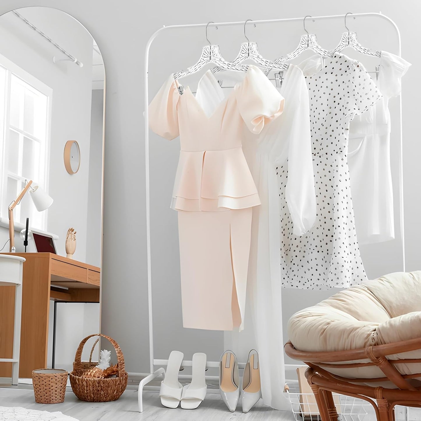 Clear Plastic Hangers with Clips (12 Pack) – Heavy Duty, Holds Up to 6 lbs, 360° Swivel Hook, Non-Slip Notches