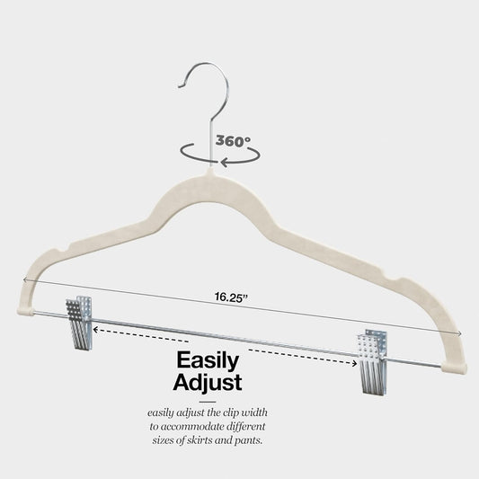 10-Pack Velvet Hangers with Adjustable Clips – 360° Swivel Hook Non-Slip Hangers for Pants, Skirts, Scarves