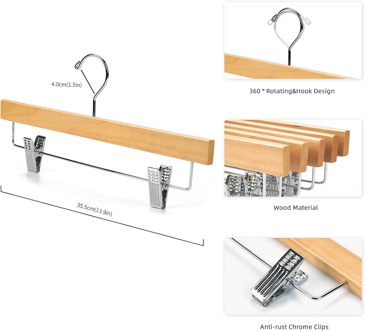 Wood Pants Hangers with Clips – 360° Swivel Hook, Rust-Resistant Chrome Clips, Solid Wooden Design