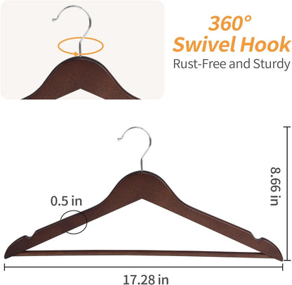 20-Pack Wooden Clothes Hangers – Premium Solid Wood Hangers with 360° Swivel Rust-Free Hooks, Durable & Space-Saving