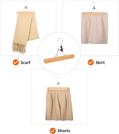 Wood Pants Hangers with Clips (10 Pack) – Strong Grip, 360° Swivel Hook, Durable Wooden Construction for Pants and Skirts