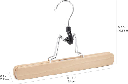 Wood Pants Hangers with Clips (10 Pack) – Strong Grip, 360° Swivel Hook, Durable Wooden Construction for Pants and Skirts