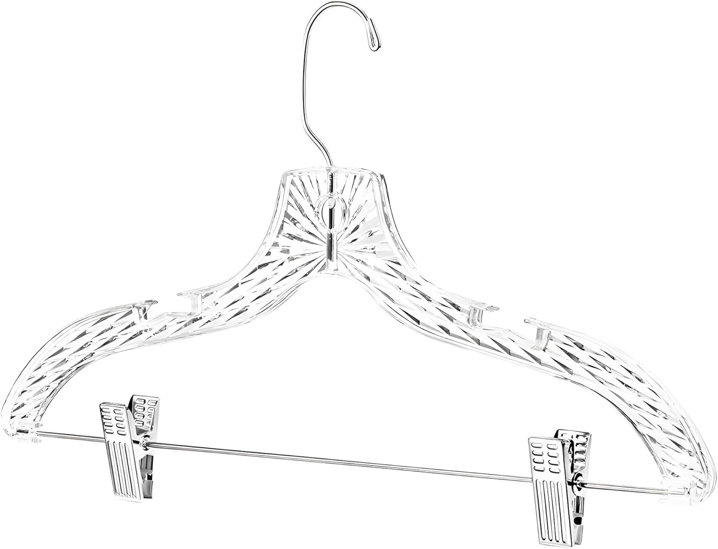 Clear Plastic Hangers with Clips (12 Pack) – Heavy Duty, Holds Up to 6 lbs, 360° Swivel Hook, Non-Slip Notches