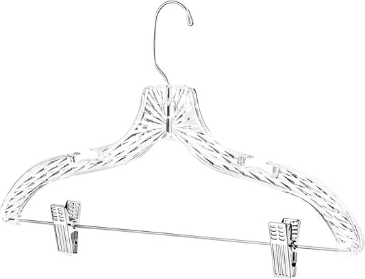 Clear Plastic Hangers with Clips (12 Pack) – Heavy Duty, Holds Up to 6 lbs, 360° Swivel Hook, Non-Slip Notches