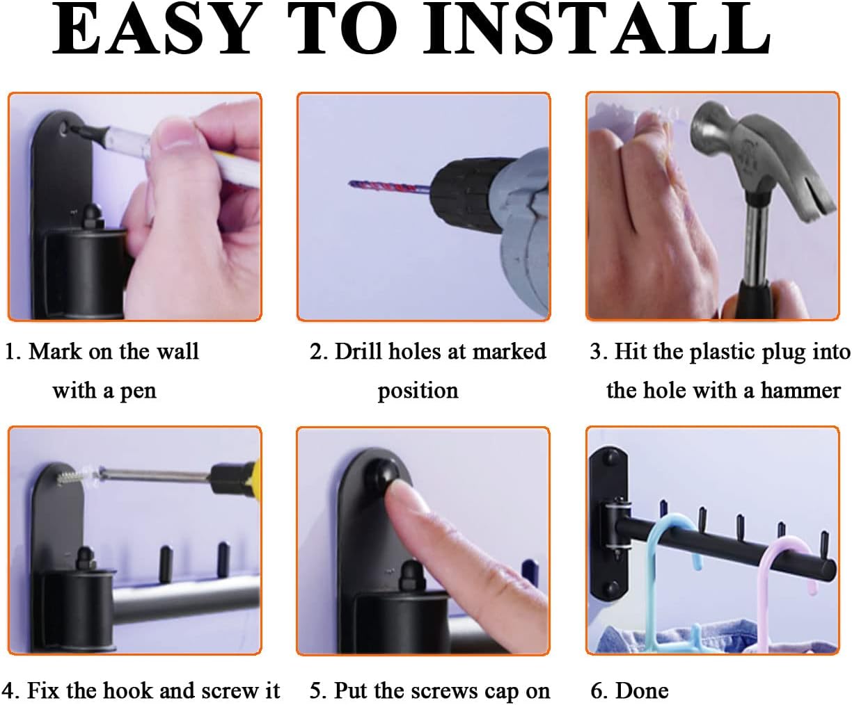 180° Rotating Wall Mounted Hanger, Foldable Metal Hook Rack with 8 Hooks for Closet and Storage