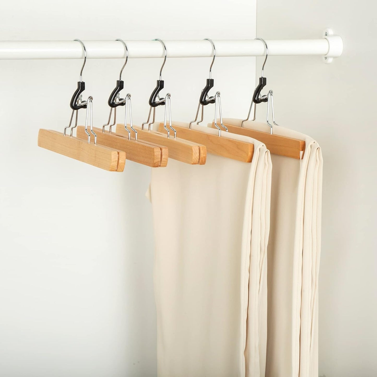 Wood Pants Hangers with Clips (10 Pack) – Strong Grip, 360° Swivel Hook, Durable Wooden Construction for Pants and Skirts