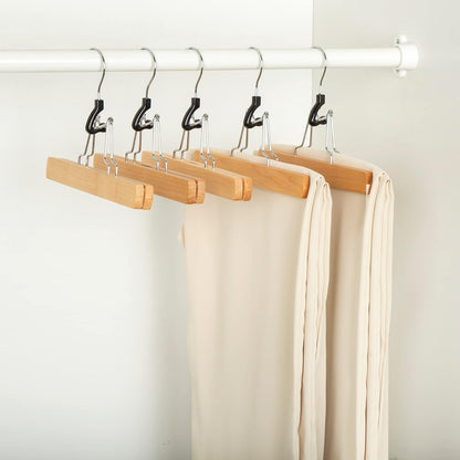 Wood Pants Hangers with Clips (10 Pack) – Strong Grip, 360° Swivel Hook, Durable Wooden Construction for Pants and Skirts