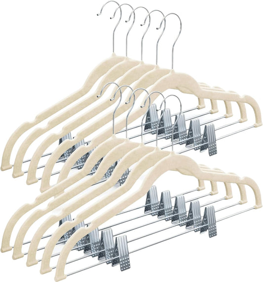 10-Pack Velvet Hangers with Adjustable Clips – 360° Swivel Hook Non-Slip Hangers for Pants, Skirts, Scarves