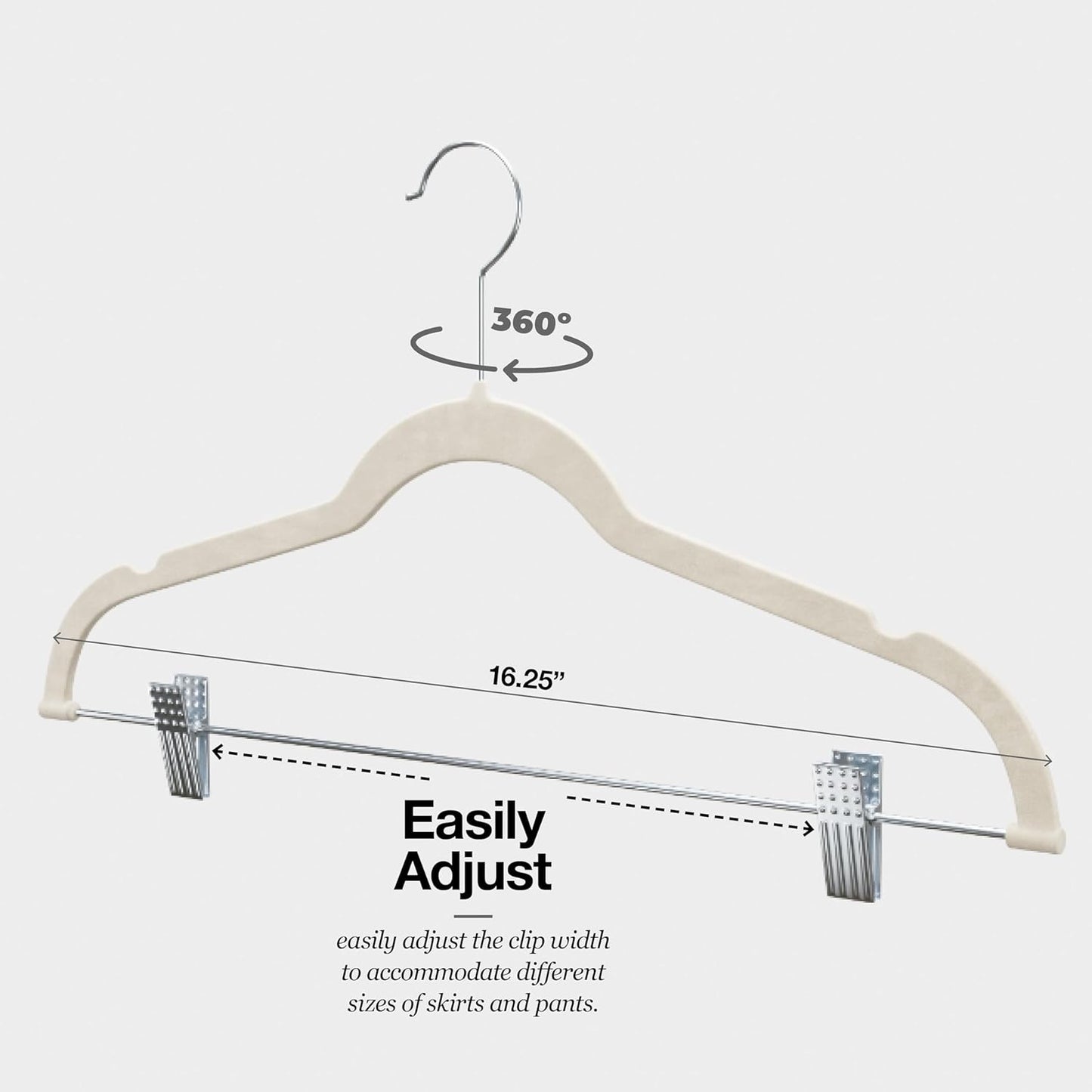 10-Pack Velvet Hangers with Adjustable Clips – 360° Swivel Hook Non-Slip Hangers for Pants, Skirts, Scarves