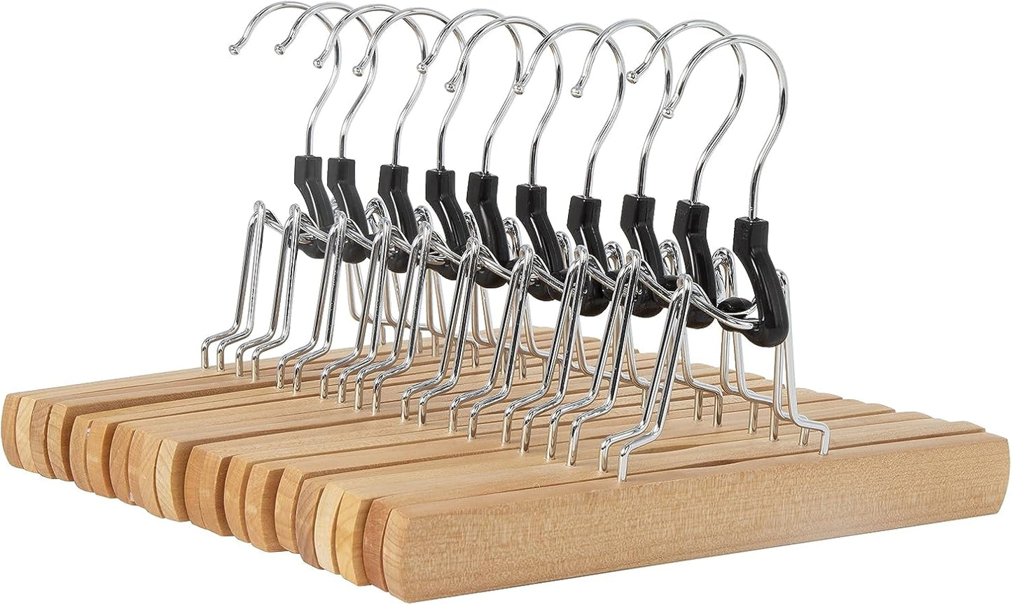 Wood Pants Hangers with Clips (10 Pack) – Strong Grip, 360° Swivel Hook, Durable Wooden Construction for Pants and Skirts
