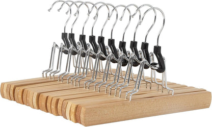 Wood Pants Hangers with Clips (10 Pack) – Strong Grip, 360° Swivel Hook, Durable Wooden Construction for Pants and Skirts