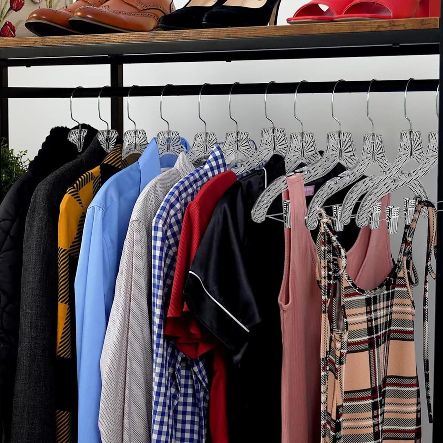 Clear Plastic Hangers with Clips (12 Pack) – Heavy Duty, Holds Up to 6 lbs, 360° Swivel Hook, Non-Slip Notches